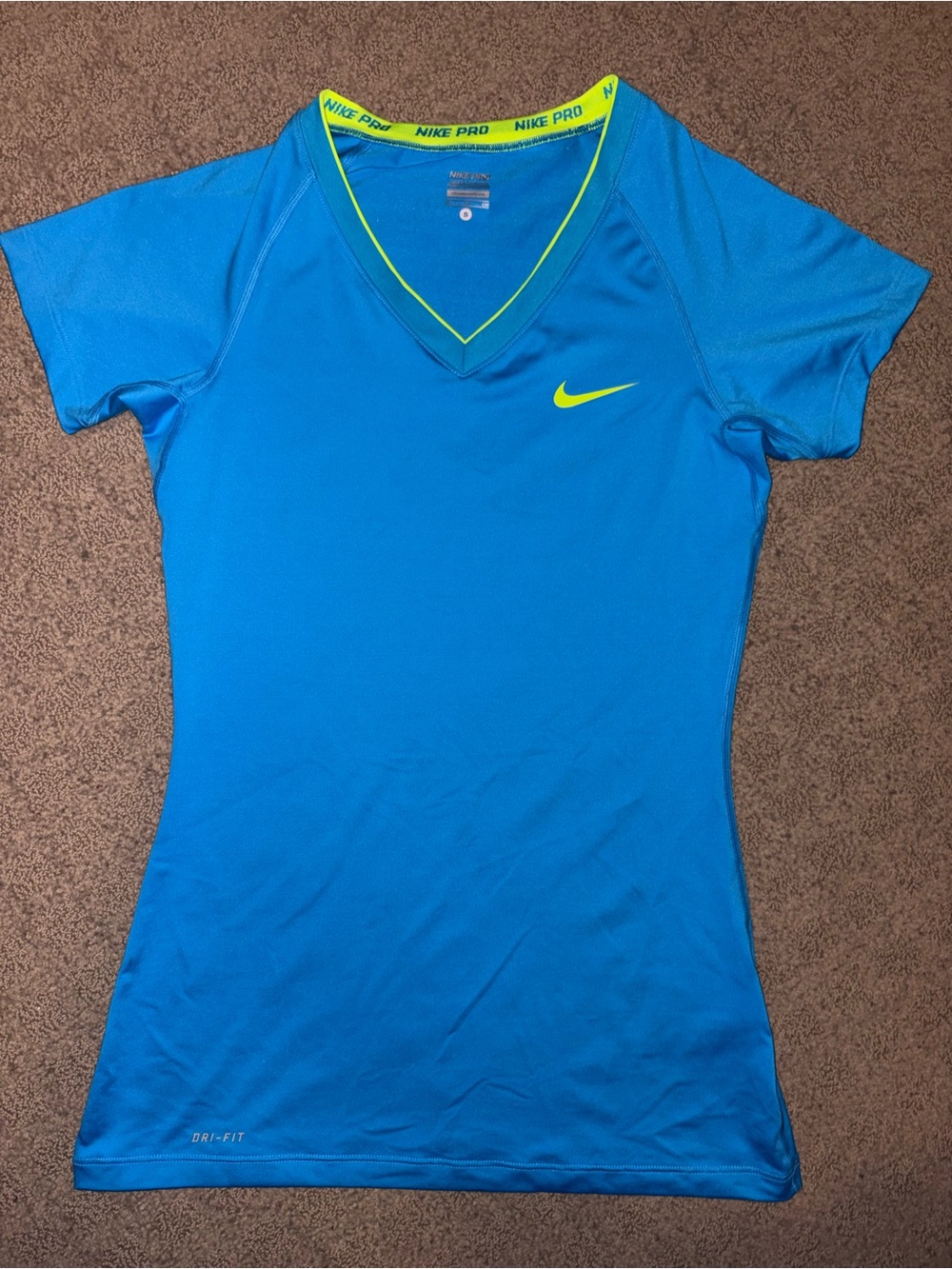 Women’s Nike Bright Blue Short-Sleeve V-Neck Top w/ Neon Yellow Accents, Size S